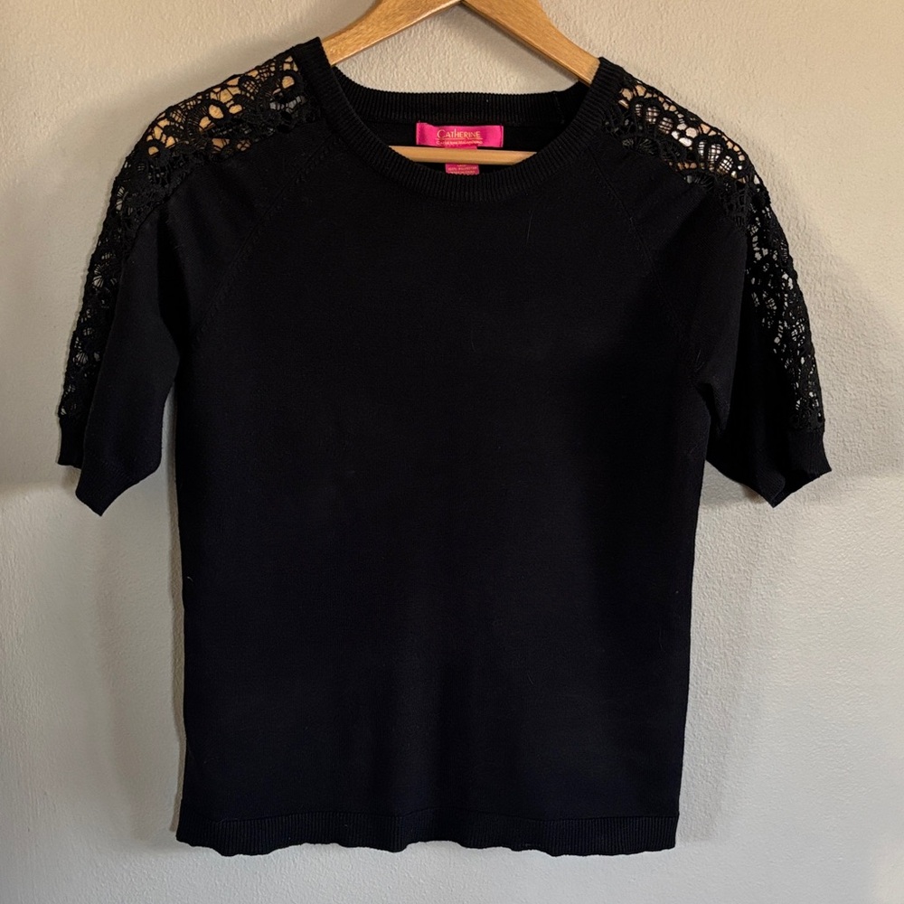 Black Lightweight Sweater with Lace Style Sleeves